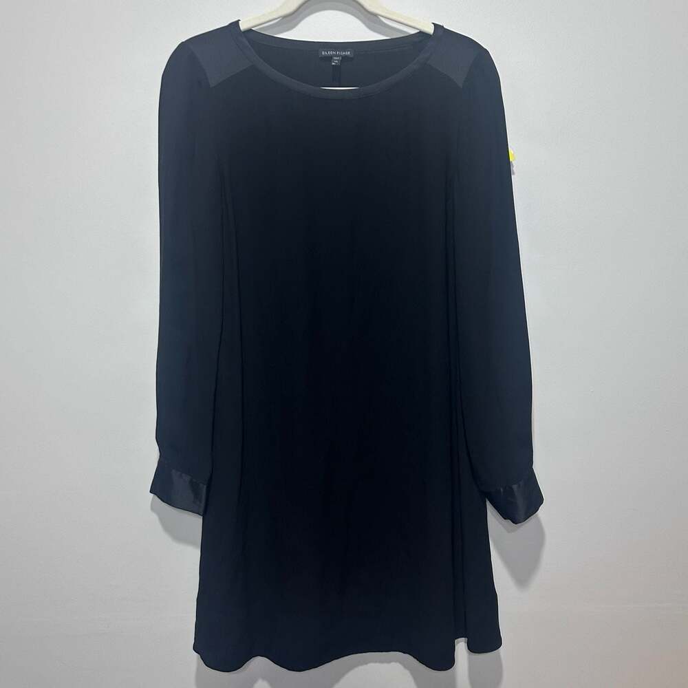Eileen Fisher Silk Georgette Shift Dress with Satin Trim Black XS